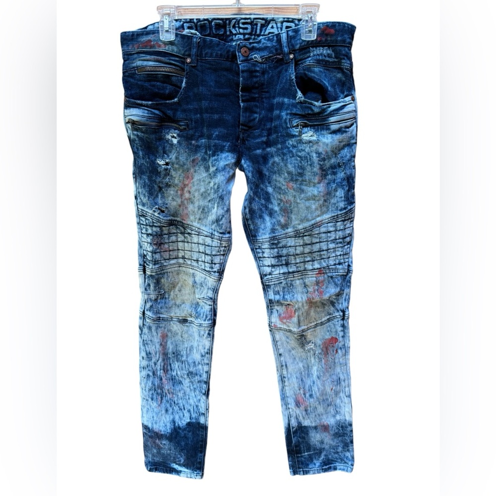 ROCKSTAR Graffiti Urban Biker Rocker Paint Spatter Button Fly Jeans